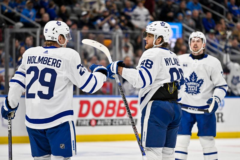 Feb 19, 2024; St. Louis, Missouri, USA;  Toronto Maple Leafs right wing William Nylander (88) celebrates with right wing Pontus Holmberg (29) after scoring against the St. Louis Blues during the third period at Enterprise Center. Mandatory Credit: Jeff Curry-USA TODAY Sports