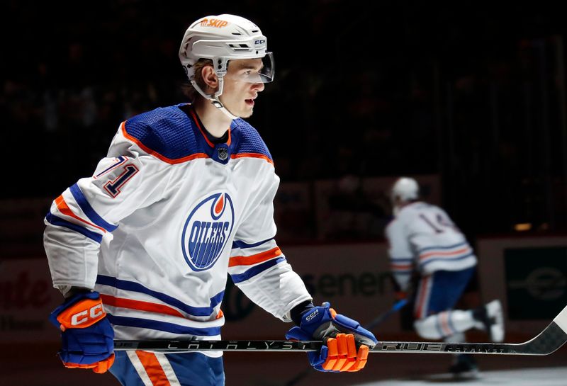 Feb 23, 2023; Pittsburgh, Pennsylvania, USA;  Edmonton Oilers center Ryan McLeod (71) takes the ice against the Pittsburgh Penguins during the first period at PPG Paints Arena. Edmonton won 7-2. Mandatory Credit: Charles LeClaire-USA TODAY Sports