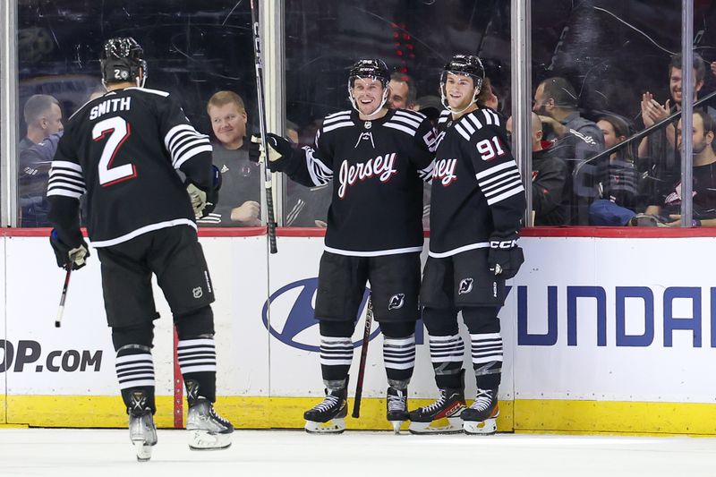 Oct 27, 2023; Newark, New Jersey, USA; New Jersey Devils left wing Erik Haula (56) celebrates his goal with teammates during the second period against the Buffalo Sabres at Prudential Center. Mandatory Credit: Vincent Carchietta-USA TODAY Sports