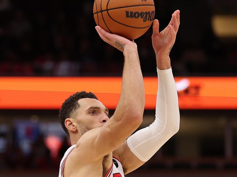 CHICAGO, ILLINOIS - DECEMBER 08: Zach LaVine #8 of the Chicago Bulls shoots a three pointer against the Philadelphia 76ers during the second half at the United Center on December 08, 2024 in Chicago, Illinois. NOTE TO USER: User expressly acknowledges and agrees that, by downloading and or using this photograph, User is consenting to the terms and conditions of the Getty Images License Agreement.  (Photo by Michael Reaves/Getty Images)