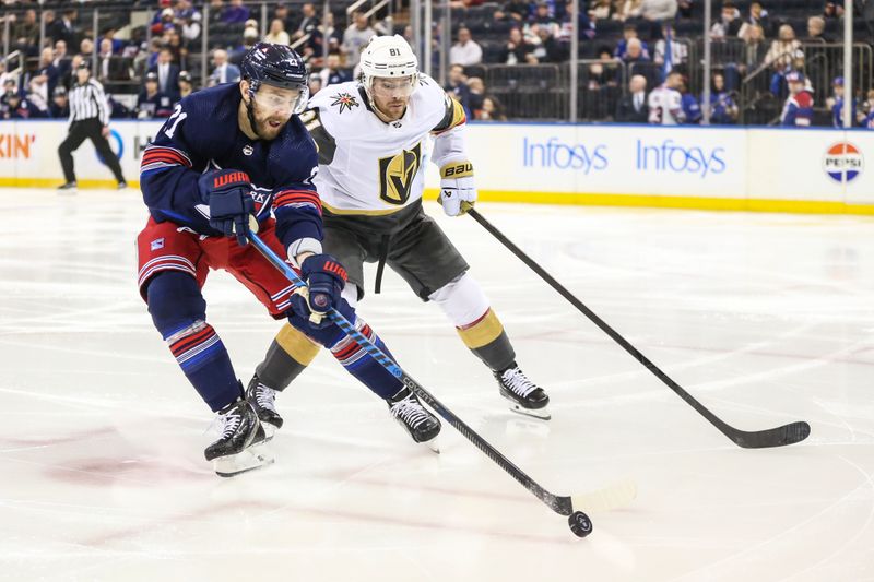 Jan 26, 2024; New York, New York, USA; New York Rangers center Barclay Goodrow (21) and Vegas Golden Knights right wing Jonathan Marchessault (81) chase the puck in the second period at Madison Square Garden. Mandatory Credit: Wendell Cruz-USA TODAY Sports