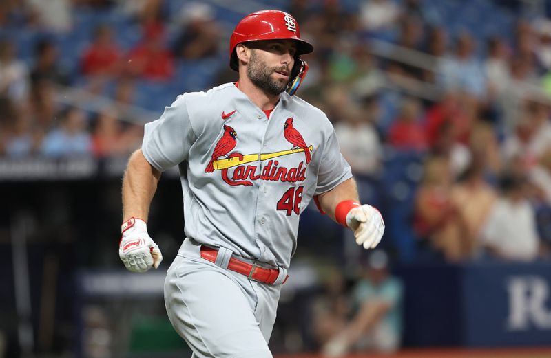 Aug 10, 2023; St. Petersburg, Florida, USA;  St. Louis Cardinals first baseman Paul Goldschmidt (46) doubles against the Tampa Bay Rays during the third inning at Tropicana Field. Mandatory Credit: Kim Klement Neitzel-USA TODAY Sports