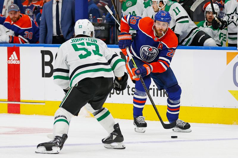 Jun 2, 2024; Edmonton, Alberta, CAN; Edmonton Oilers forward Leon Draisaitl (29) carries the puck in on Dallas Stars forward Wyatt Johnson (53) during the third period in game six of the Western Conference Final of the 2024 Stanley Cup Playoffs at Rogers Place. Mandatory Credit: Perry Nelson-USA TODAY Sports