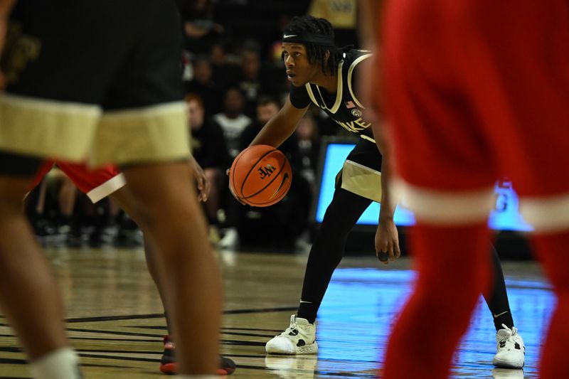 Jan 28, 2023; Winston-Salem, North Carolina, USA;   Wake Forest Demon Deacons guard Tyree Appleby (1) dribbles at half-court during the first half at Lawrence Joel Veterans Memorial Coliseum. Mandatory Credit: William Howard-USA TODAY Sports