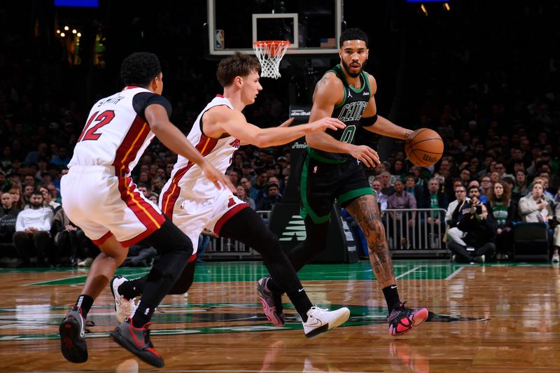 BOSTON, MA - DECEMBER 2: Jayson Tatum #0 of the Boston Celtics drives to the basket during the game against the Miami Heat on December 2, 2024 at TD Garden in Boston, Massachusetts. NOTE TO USER: User expressly acknowledges and agrees that, by downloading and/or using this Photograph, user is consenting to the terms and conditions of the Getty Images License Agreement. Mandatory Copyright Notice: Copyright 2024 NBAE (Photo by Brian Babineau/NBAE via Getty Images)