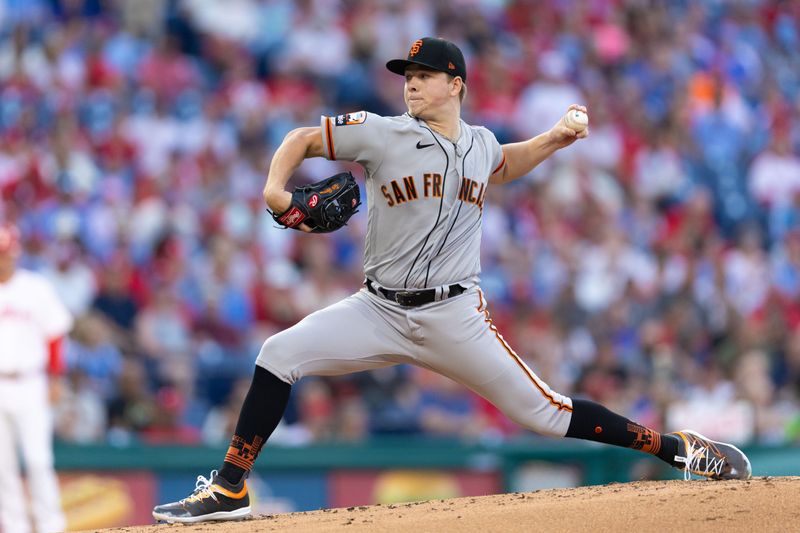 Aug 22, 2023; Philadelphia, Pennsylvania, USA; San Francisco Giants starting pitcher Kyle Harrison (45) throws a pitch during the first inning against the Philadelphia Phillies at Citizens Bank Park. Mandatory Credit: Bill Streicher-USA TODAY Sports