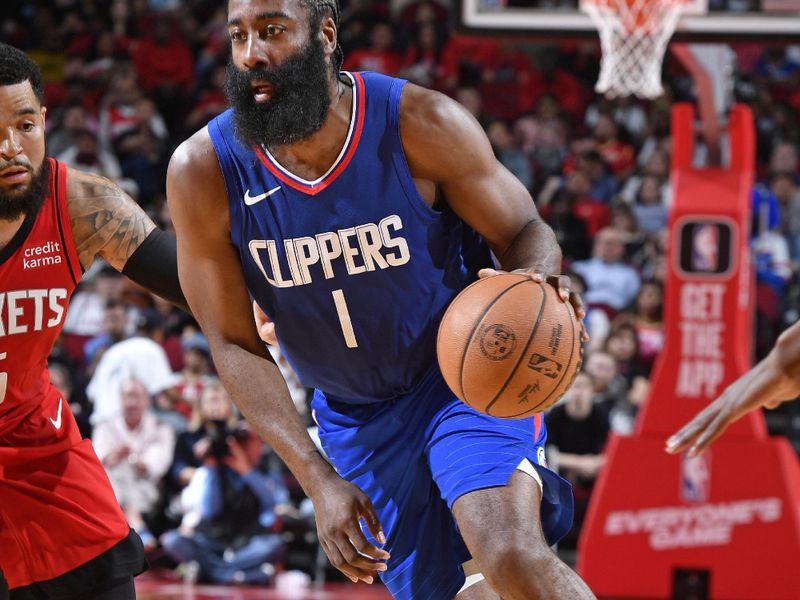 HOUSTON, TX - MARCH 6: James Harden #1 of the LA Clippers drives to the basket during the game against the Houston Rockets on March 6, 2024 at the Toyota Center in Houston, Texas. NOTE TO USER: User expressly acknowledges and agrees that, by downloading and or using this photograph, User is consenting to the terms and conditions of the Getty Images License Agreement. Mandatory Copyright Notice: Copyright 2024 NBAE (Photo by Logan Riely/NBAE via Getty Images)