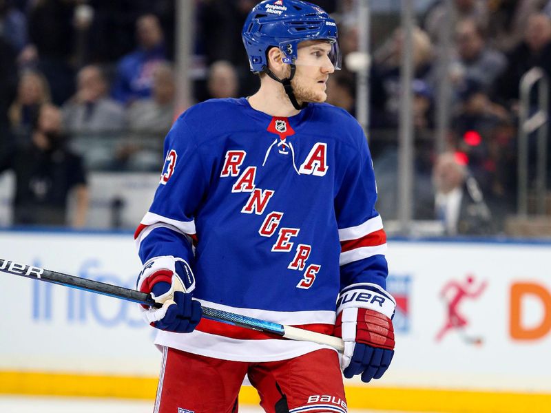 Jan 18, 2025; New York, New York, USA; New York Rangers defenseman Adam Fox (23) skates against the Columbus Blue Jackets during the first period at Madison Square Garden. Mandatory Credit: Danny Wild-Imagn Images