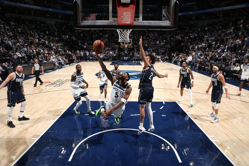 MINNEAPOLIS, MN -  OCTOBER 29: Anthony Edwards #5 of the Minnesota Timberwolves shoots the ball during the game against the Dallas Mavericks on October 29, 2024 at Target Center in Minneapolis, Minnesota. NOTE TO USER: User expressly acknowledges and agrees that, by downloading and or using this Photograph, user is consenting to the terms and conditions of the Getty Images License Agreement. Mandatory Copyright Notice: Copyright 2024 NBAE (Photo by David Sherman/NBAE via Getty Images)