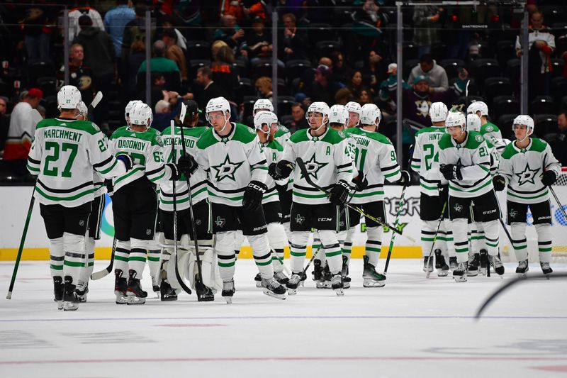 Oct 19, 2023; Anaheim, California, USA; Dallas Stars celebrate the victory against the Anaheim Ducks at Honda Center. Mandatory Credit: Gary A. Vasquez-USA TODAY Sports