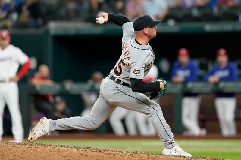 Jun 27, 2023; Arlington, Texas, USA; Detroit Tigers relief pitcher Anthony Misiewicz (65) delivers a pitch against the Texas Rangers during the eighth inning at Globe Life Field. Mandatory Credit: Jim Cowsert-USA TODAY Sports