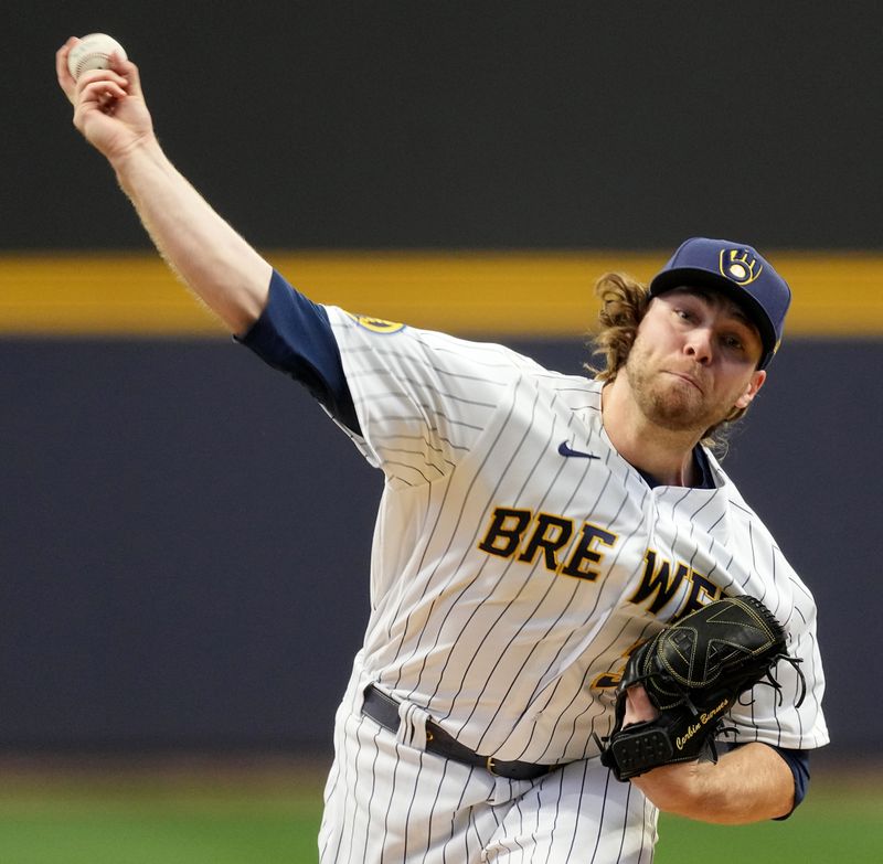 Apr 23, 2023; Milwaukee, Wisconsin, USA; Milwaukee Brewers starting pitcher Corbin Burnes (39) throws during the first inning of their game against the Boston Red Sox at American Family Field. Mandatory Credit: Mark Hoffman-USA TODAY Sports