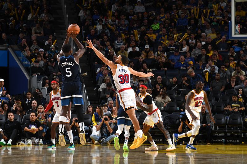 SAN FRANCISCO, CA - DECEMBER 8:  Anthony Edwards #5 of the Minnesota Timberwolves shoots the ball during the game against the Golden State Warriors during a regular season game on December 8, 2024 at Chase Center in San Francisco, California. NOTE TO USER: User expressly acknowledges and agrees that, by downloading and or using this photograph, user is consenting to the terms and conditions of Getty Images License Agreement. Mandatory Copyright Notice: Copyright 2024 NBAE (Photo by Noah Graham/NBAE via Getty Images)