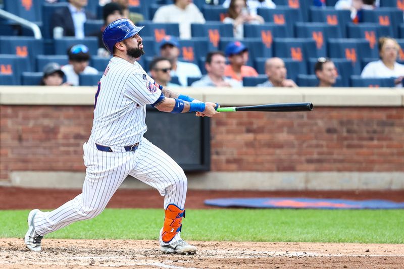 May 29, 2024; New York City, New York, USA;  New York Mets catcher Tomás Nido (3) hits a two run home run in the fifth inning against the Los Angeles Dodgers at Citi Field. Mandatory Credit: Wendell Cruz-USA TODAY Sports