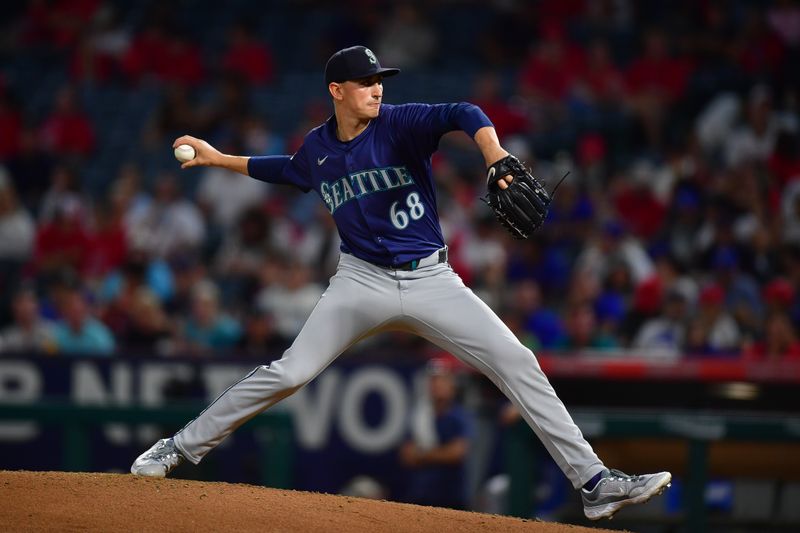 Aug 30, 2024; Anaheim, California, USA; Seattle Mariners pitcher George Kirby (68) throws against the Los Angeles Angels during the fourth inning at Angel Stadium. Mandatory Credit: Gary A. Vasquez-USA TODAY Sports