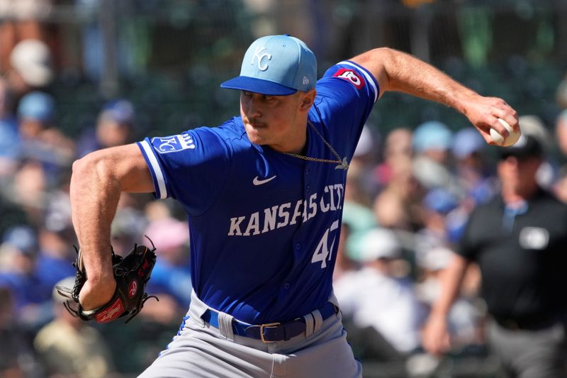 Mar 10, 2024; Mesa, Arizona, USA; Kansas City Royals pitcher Evan Sisk (47) throws in the second inning against the Oakland Athletics at Hohokam Stadium. Mandatory Credit: Rick Scuteri-USA TODAY Sports