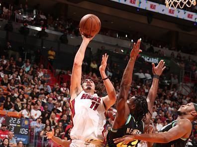 MIAMI, FL - DECEMBER 2: Jaime Jaquez Jr. #11 of the Miami Heat shoots the ball during the game against the Indiana Pacers on December 2, 2023 at Kaseya Center in Miami, Florida. NOTE TO USER: User expressly acknowledges and agrees that, by downloading and or using this Photograph, user is consenting to the terms and conditions of the Getty Images License Agreement. Mandatory Copyright Notice: Copyright 2023 NBAE (Photo by Issac Baldizon/NBAE via Getty Images)