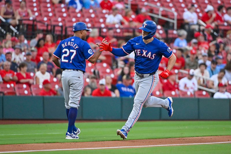 Jul 30, 2024; St. Louis, Missouri, USA;  Texas Rangers left fielder Wyatt Langford (36) is congratulated by third base coach Tony Beasley (27) after hitting a solo home run against the St. Louis Cardinals during the second inning at Busch Stadium. Mandatory Credit: Jeff Curry-USA TODAY Sports