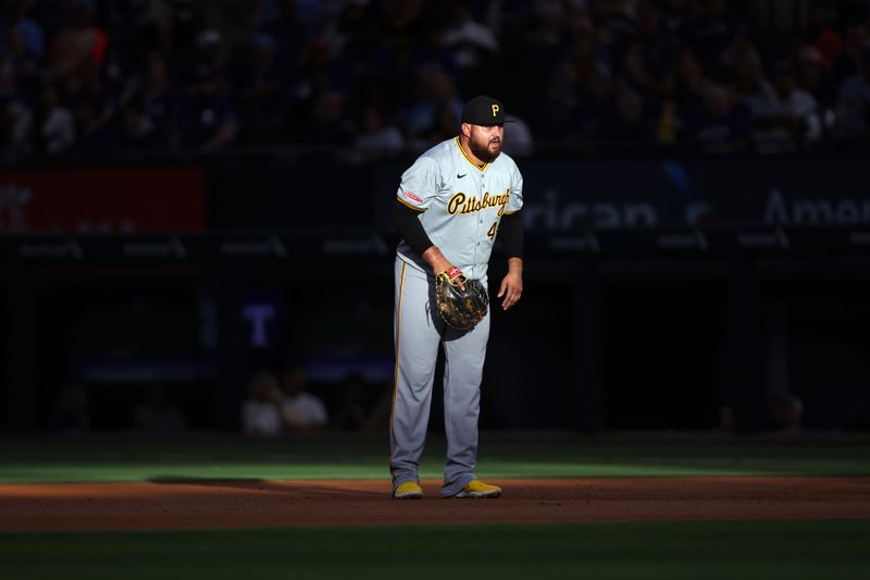 Aug 19, 2024; Arlington, Texas, USA; Pittsburgh Pirates first baseman Rowdy Tellez (44) looks on in a defensive position in the first inning against the Texas Rangers at Globe Life Field. Mandatory Credit: Tim Heitman-USA TODAY Sports