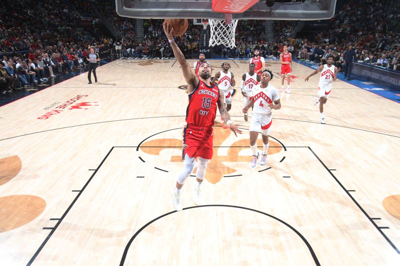 NEW ORLEANS, LA - FEBRUARY 5: Jose Alvarado #15 of the New Orleans Pelicans shoots the ball during the game against the Toronto Raptors on February 5, 2024 at the Smoothie King Center in New Orleans, Louisiana. NOTE TO USER: User expressly acknowledges and agrees that, by downloading and or using this Photograph, user is consenting to the terms and conditions of the Getty Images License Agreement. Mandatory Copyright Notice: Copyright 2024 NBAE (Photo by Layne Murdoch Jr./NBAE via Getty Images)