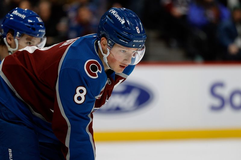 Jan 16, 2025; Denver, Colorado, USA; Colorado Avalanche defenseman Cale Makar (8) in the first period against the Edmonton Oilers at Ball Arena. Mandatory Credit: Isaiah J. Downing-Imagn Images