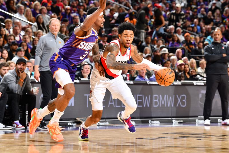 PHOENIX, AZ - NOVEMBER 2: Anfernee Simons #1 of the Portland Trail Blazers dribbles the ball during the game against the Phoenix Suns on November 2, 2024 at Footprint Center in Phoenix, Arizona. NOTE TO USER: User expressly acknowledges and agrees that, by downloading and or using this photograph, user is consenting to the terms and conditions of the Getty Images License Agreement. Mandatory Copyright Notice: Copyright 2024 NBAE (Photo by Barry Gossage/NBAE via Getty Images)