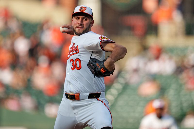 Jun 26, 2024; Baltimore, Maryland, USA; Baltimore Orioles pitcher Grayson Rodriguez (30) throws a pitch during the first inning against the Cleveland Guardians at Oriole Park at Camden Yards. Mandatory Credit: Reggie Hildred-USA TODAY Sports