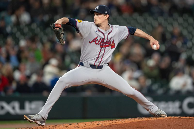 Apr 29, 2024; Seattle, Washington, USA; Atlanta Braves starter Max Fried (54) delivers a pitch during the second inning against the Seattle Mariners at T-Mobile Park. Mandatory Credit: Stephen Brashear-USA TODAY Sports