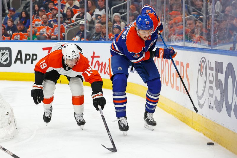 Jan 2, 2024; Edmonton, Alberta, CAN; Edmonton Oilers goaltender Stuart Skinner (74) and Philadelphia Flyers forward Garnet Hathaway (19) battle along the boards for a loose puck during the second period at Rogers Place. Mandatory Credit: Perry Nelson-USA TODAY Sports