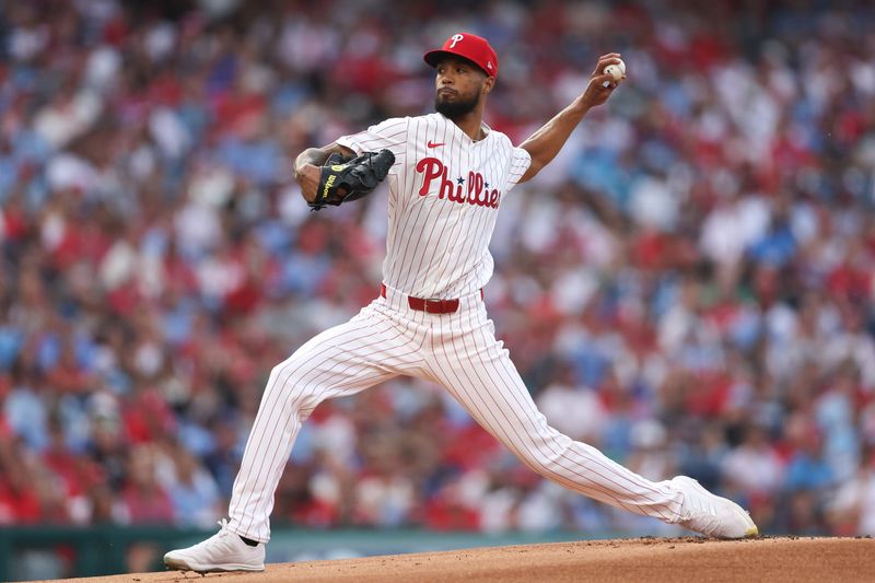 Aug 3, 2025; Philadelphia, Pennsylvania, USA; Philadelphia Phillies pitcher Cristopher Sanchez (61) throws a pitch against the Detroit Tigers during the first inning at Citizens Bank Park. Mandatory Credit: Bill Streicher-Imagn Images