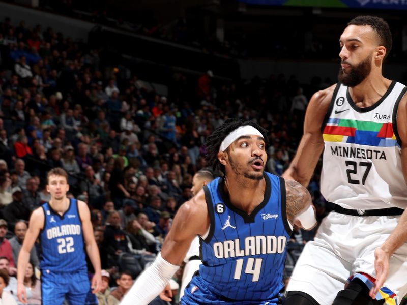 MINNEAPOLIS, MN -  FEBRUARY 3: Gary Harris #14 of the Orlando Magic drives to the basket against the Minnesota Timberwolves on February 3, 2023 at Target Center in Minneapolis, Minnesota. NOTE TO USER: User expressly acknowledges and agrees that, by downloading and or using this Photograph, user is consenting to the terms and conditions of the Getty Images License Agreement. Mandatory Copyright Notice: Copyright 2023 NBAE (Photo by David Sherman/NBAE via Getty Images)