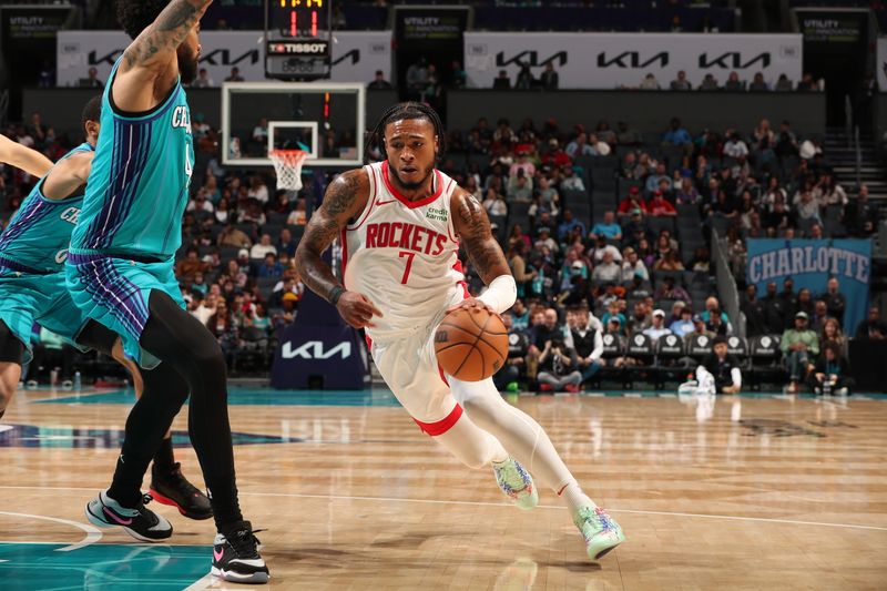 SAN ANTONIO, TX - JANUARY 26: Cam Whitmore #7 of the Houston Rockets drives to the basket during the game against the Charlotte Hornets on January 6, 2024 at the Frost Bank Center in San Antonio, Texas. NOTE TO USER: User expressly acknowledges and agrees that, by downloading and or using this photograph, user is consenting to the terms and conditions of the Getty Images License Agreement. Mandatory Copyright Notice: Copyright 2024 NBAE (Photos by David Sherman/NBAE via Getty Images)