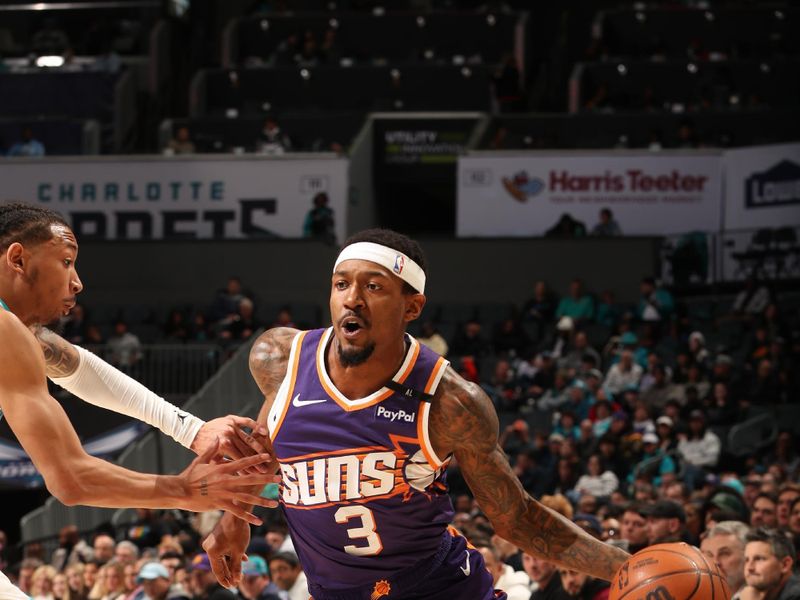 CHARLOTTE, NC - JANUARY 7: Bradley Beal #3 of the Phoenix Suns drives to the basket during the game against the Charlotte Hornets on January 7, 2025 at Spectrum Center in Charlotte, North Carolina. NOTE TO USER: User expressly acknowledges and agrees that, by downloading and or using this photograph, User is consenting to the terms and conditions of the Getty Images License Agreement. Mandatory Copyright Notice: Copyright 2025 NBAE (Photo by Kent Smith/NBAE via Getty Images)