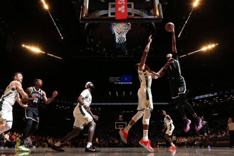 BROOKLYN, NY - OCTOBER 27: Ziaire Williams #1 of the Brooklyn Nets drives to the basket during the game against the Milwaukee Bucks on October 27, 2024 at Barclays Center in Brooklyn, New York. NOTE TO USER: User expressly acknowledges and agrees that, by downloading and or using this Photograph, user is consenting to the terms and conditions of the Getty Images License Agreement. Mandatory Copyright Notice: Copyright 2024 NBAE (Photo by Nathaniel S. Butler/NBAE via Getty Images)