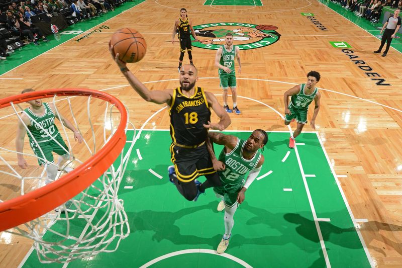 BOSTON, MA - MARCH 3: Jerome Robinson #18 of the Golden State Warriors drives to the basket during the game against the Boston Celtics on March 3, 2024 at the TD Garden in Boston, Massachusetts. NOTE TO USER: User expressly acknowledges and agrees that, by downloading and or using this photograph, User is consenting to the terms and conditions of the Getty Images License Agreement. Mandatory Copyright Notice: Copyright 2024 NBAE  (Photo by Brian Babineau/NBAE via Getty Images)