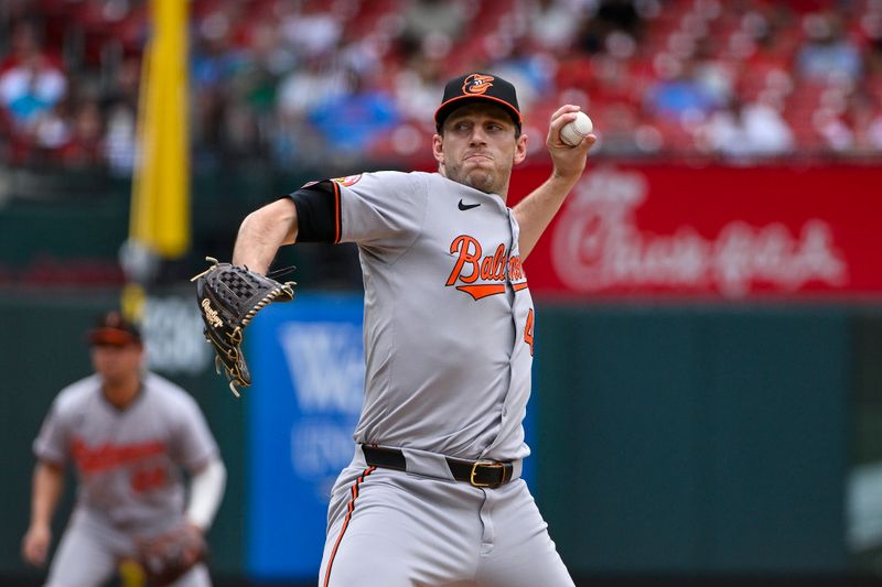 May 22, 2024; St. Louis, Missouri, USA;  Baltimore Orioles starting pitcher John Means (47) pitches against the St. Louis Cardinals at Busch Stadium. Mandatory Credit: Jeff Curry-USA TODAY Sports