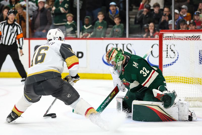 Apr 3, 2023; Saint Paul, Minnesota, USA; Vegas Golden Knights left wing Pavel Dorofeyev (16) scores against Minnesota Wild goaltender Filip Gustavsson (32) during the shootout at Xcel Energy Center. Mandatory Credit: Matt Krohn-USA TODAY Sports