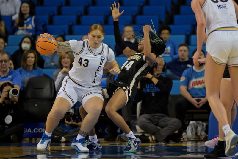 Jan 21, 2026; Los Angeles, California, USA;  UCLA Bruins guard Megan Grant (43) is charged with a foul on Purdue Boilermakers guard Tara Daye (44) in the second half at Pauley Pavilion presented by Wescom Financial. Mandatory Credit: Jayne Kamin-Oncea-Imagn Images