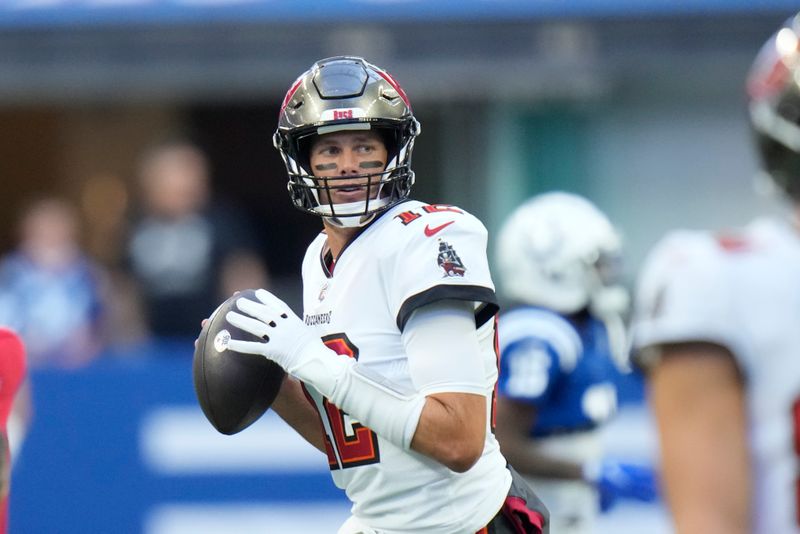 Tampa Bay Buccaneers quarterback Tom Brady (12) throws before an NFL preseason preseason football game against the Indianapolis Colts in Indianapolis, Saturday, Aug. 27, 2022. (AP Photo/AJ Mast)