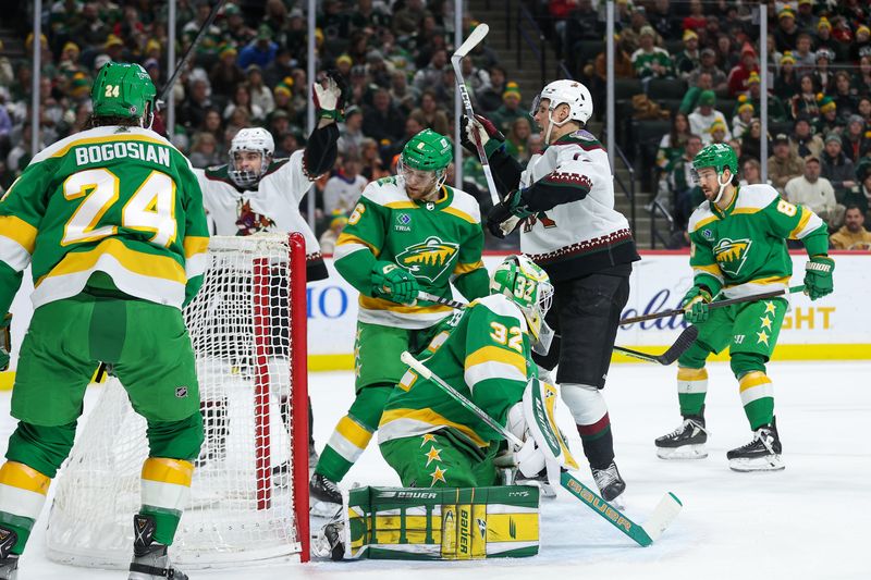 Jan 13, 2024; Saint Paul, Minnesota, USA; Arizona Coyotes center Nick Bjugstad (17) celebrates his powerplay goal against the Minnesota Wild during the first period at Xcel Energy Center. Mandatory Credit: Matt Krohn-USA TODAY Sports