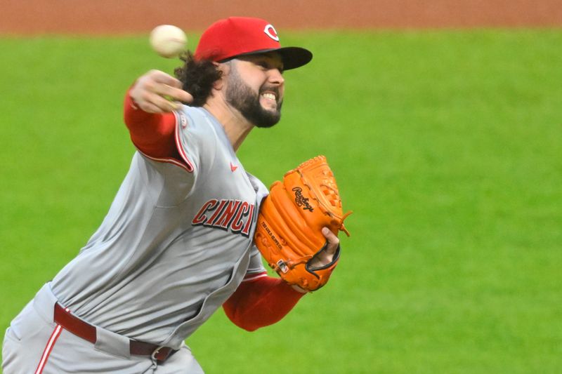 Sep 25, 2024; Cleveland, Ohio, USA; Cincinnati Reds starting pitcher Jakob Junis (47) delivers a pitch in the first inning against the Cleveland Guardians at Progressive Field. Mandatory Credit: David Richard-Imagn Images