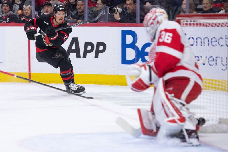 Jan 5, 2026; Ottawa, Ontario, CAN; Detroit Red Wings goalie John Gibson (36) makes a save on a shot from  Ottawa Senators center Nick Cousins (21) in the first period at the Canadian Tire Centre. Mandatory Credit: Marc DesRosiers-IMAGN Images