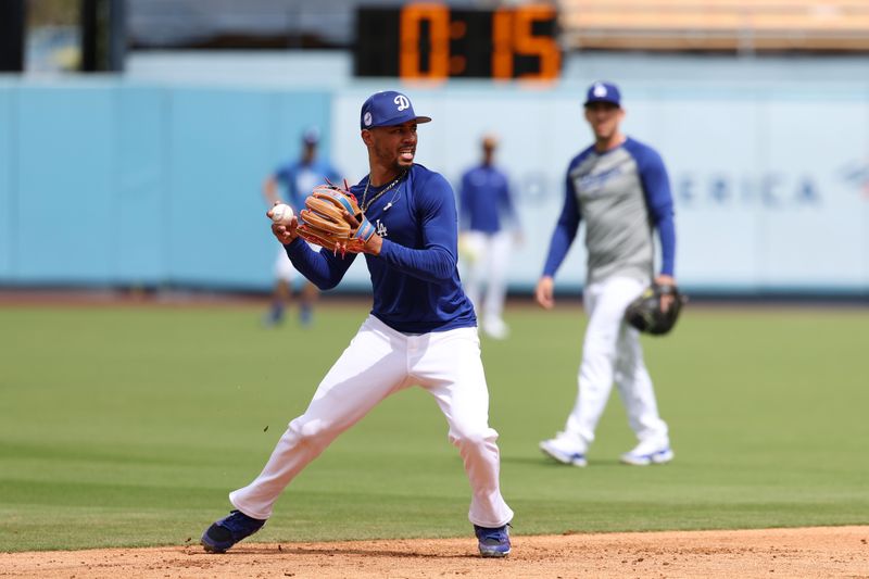 Mar 24, 2024; Los Angeles, California, USA;  Los Angeles Dodgers second baseman Mookie Betts (50) takes the field prior to the spring training game against the Los Angeles Angels at Dodger Stadium. Mandatory Credit: Kiyoshi Mio-USA TODAY Sports