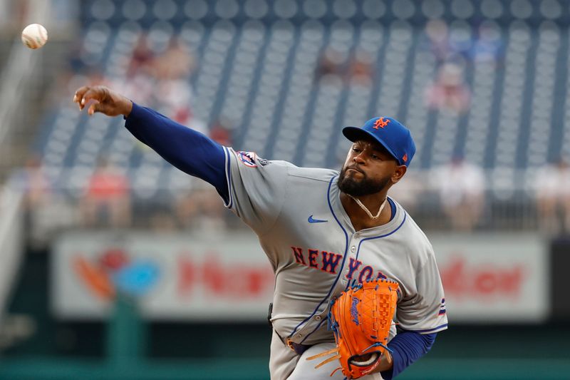 Jun 5, 2024; Washington, District of Columbia, USA; New York Mets starting pitcher Luis Severino (40) pitches against the Washington Nationals during the third inning at Nationals Park. Mandatory Credit: Geoff Burke-USA TODAY Sports