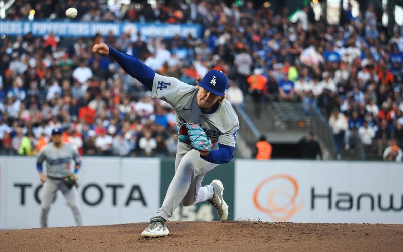 Jun 28, 2024; San Francisco, California, USA; Los Angeles Dodgers starting pitcher Landon Knack (96) throws against the San Francisco Giants during the first inning at Oracle Park. Mandatory Credit: Kelley L Cox-USA TODAY Sports