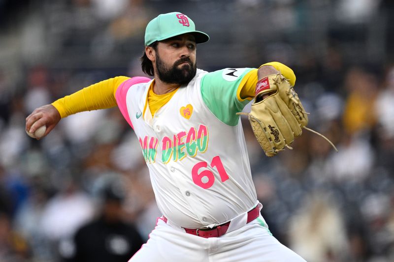 Apr 19, 2024; San Diego, California, USA; San Diego Padres starting pitcher Matt Waldron (61) throws a pitch against the Toronto Blue Jays during the first inning at Petco Park. Mandatory Credit: Orlando Ramirez-USA TODAY Sports 