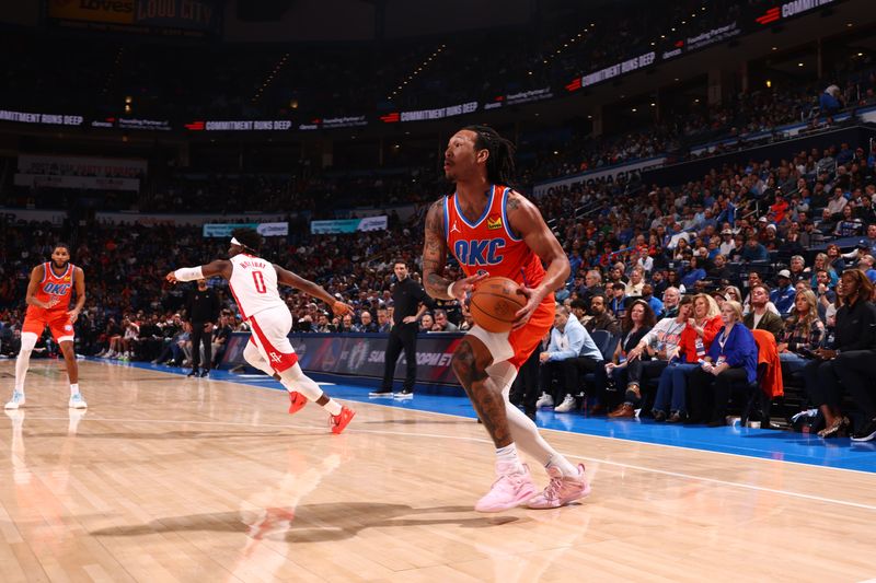 OKLAHOMA CITY, OK - FEBRUARY 27: Jaylin Williams #6 of the Oklahoma City Thunder shoots the ball during the game against the Houston Rockets on February, 2024 at Paycom Arena in Oklahoma City, Oklahoma. NOTE TO USER: User expressly acknowledges and agrees that, by downloading and or using this photograph, User is consenting to the terms and conditions of the Getty Images License Agreement. Mandatory Copyright Notice: Copyright 2024 NBAE (Photo by Zach Beeker/NBAE via Getty Images)