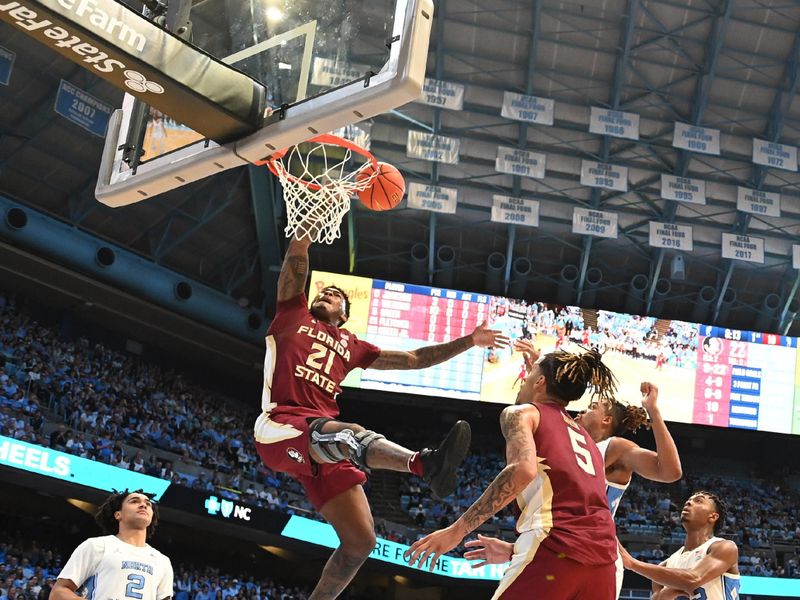 Dec 2, 2023; Chapel Hill, North Carolina, USA;  Florida State Seminoles guard Cam'Ron Fletcher (21) misses a shot in the first half at Dean E. Smith Center. Mandatory Credit: Bob Donnan-USA TODAY Sports