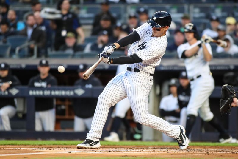 May 2, 2023; Bronx, New York, USA;  New York Yankees first baseman Anthony Rizzo (48) hits a single in the first inning against the Cleveland Guardians at Yankee Stadium. Mandatory Credit: Wendell Cruz-USA TODAY Sports