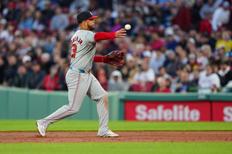 May 10, 2024; Boston, Massachusetts, USA; Washington Nationals second baseman Luis Garcia Jr. (2) throws out Boston Red Sox center fielder Jarren Duran (not pictured) after fielding a ground ball during the third inning at Fenway Park. Mandatory Credit: Gregory Fisher-USA TODAY Sports